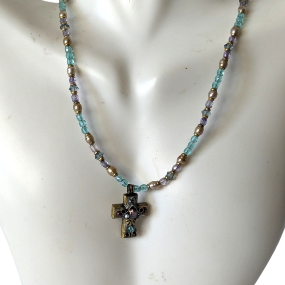 Vintage Michal Golan Handcrafted Semipreciius Stone Beads Ornate Cross Necklace - Picture 3 of 8